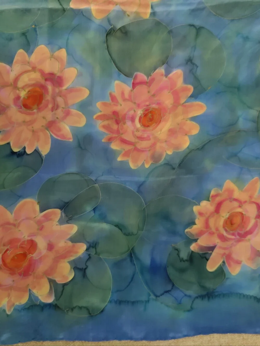 Rare Noel A. Bray Signed Silk Scarf. Hand-Painted Water Lily Art, 35